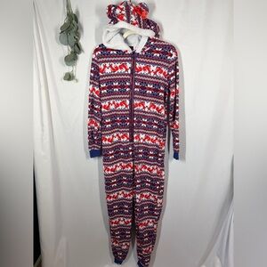 St. Eve | Fleece Pajama One Piece Onesie Hooded Foxes Ears Navy Women’s Size S